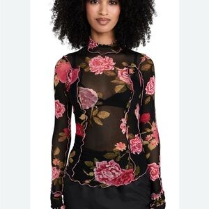 Free People Black Floral Sheer Blouse